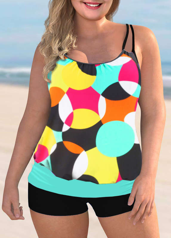 Geometric Print Plus Size Double Straps Tankini Set