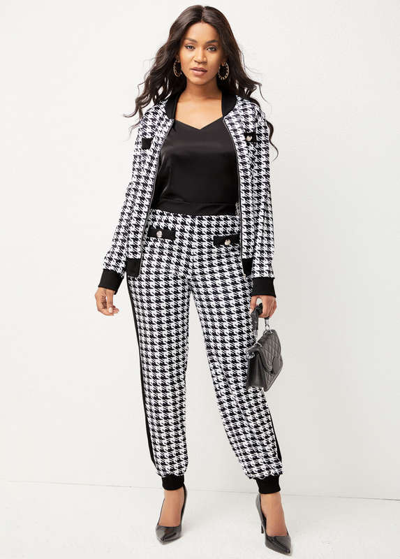 Houndstooth Print Long Sleeve Black Sweatsuit Set