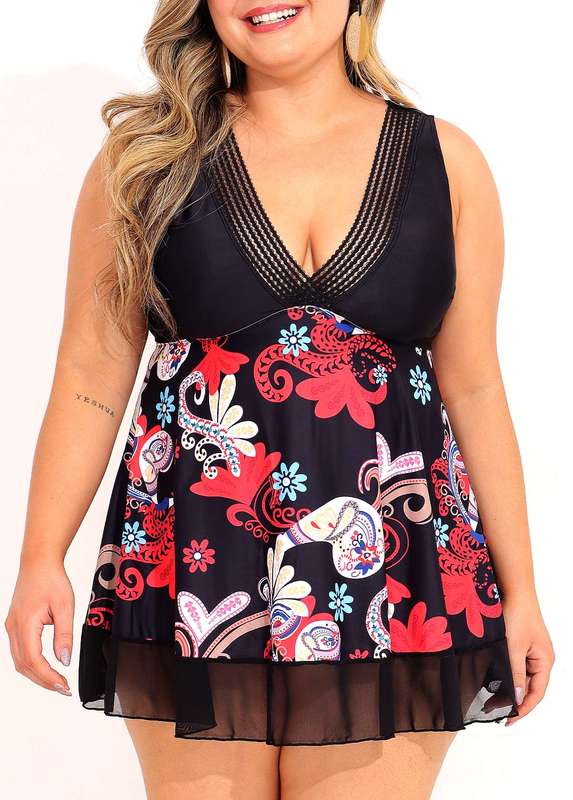 Tribal Print Mesh Stitching Plus Size Swimdress Set