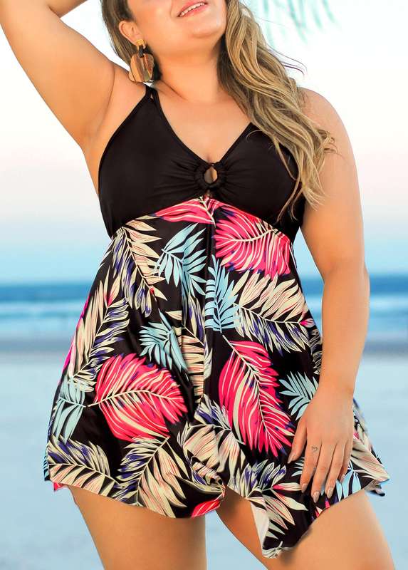 Black Plus Size Tropical Print Swimdress Set