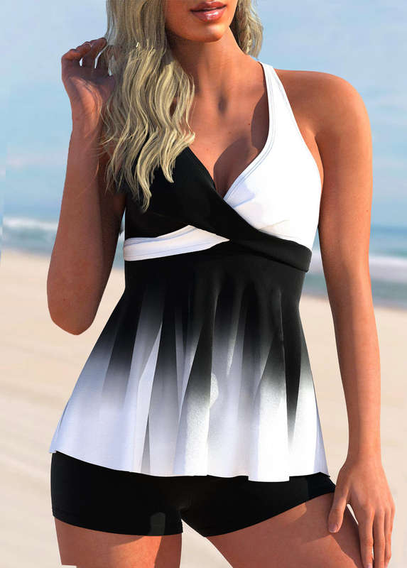 Ombre Color Block Cross Front Tankini Set