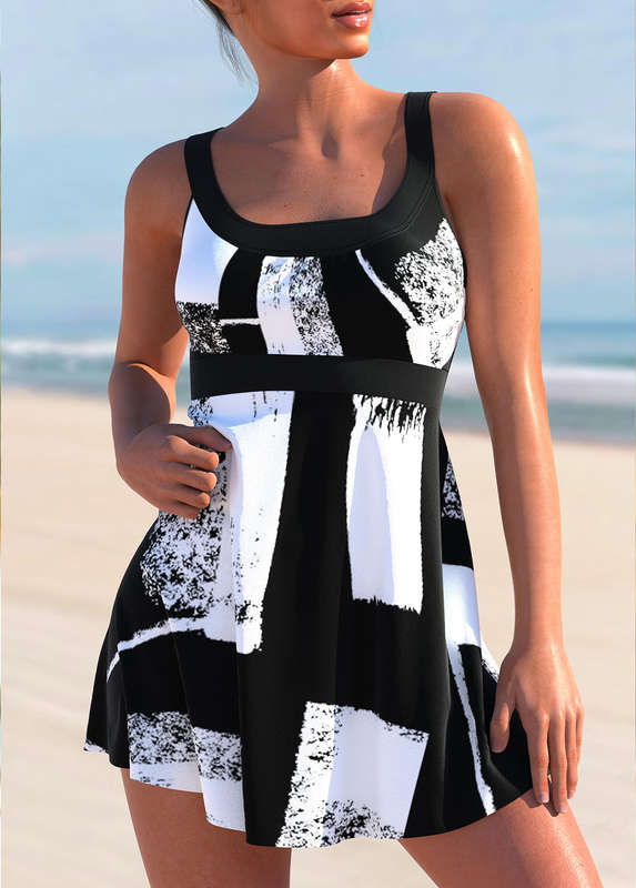 Geometric Print Black Cross Strap Swimdress Set