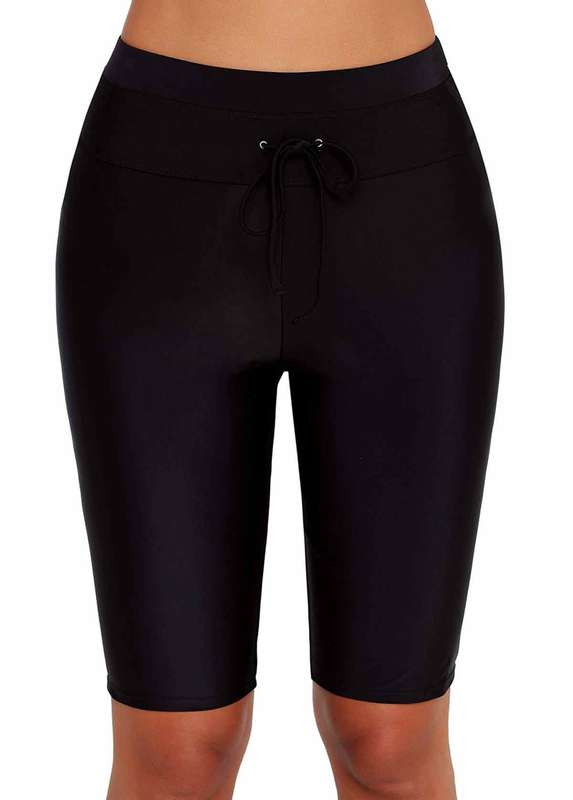 Drawstring Detail Black High Waist Swim Shorts