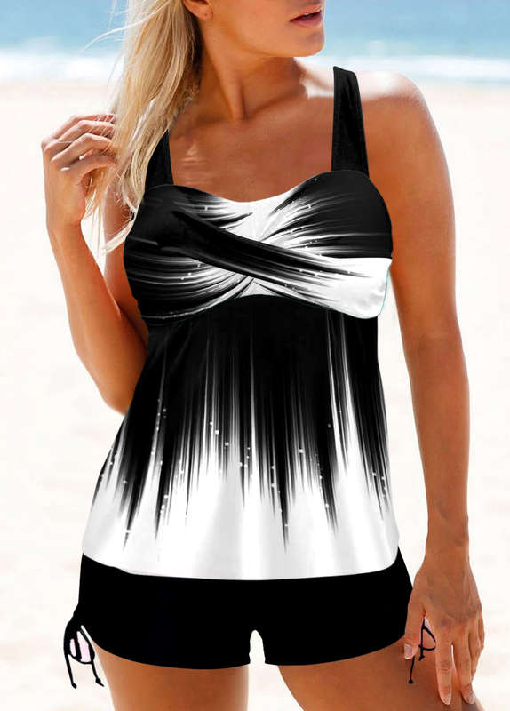 White Ombre Cross Front Wide Strap Tankini Set