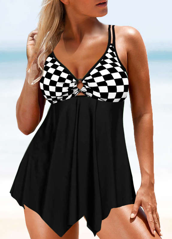 Checkered Print Black Asymmetric Hem Swimdress Set