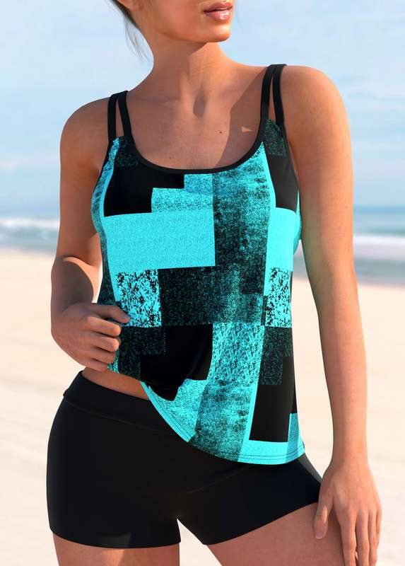 Double Straps Sky Blue Geometric Print Tankini Set