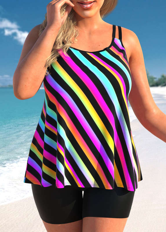 Rainbow Stripe Plus Size Double Straps Tankini Set