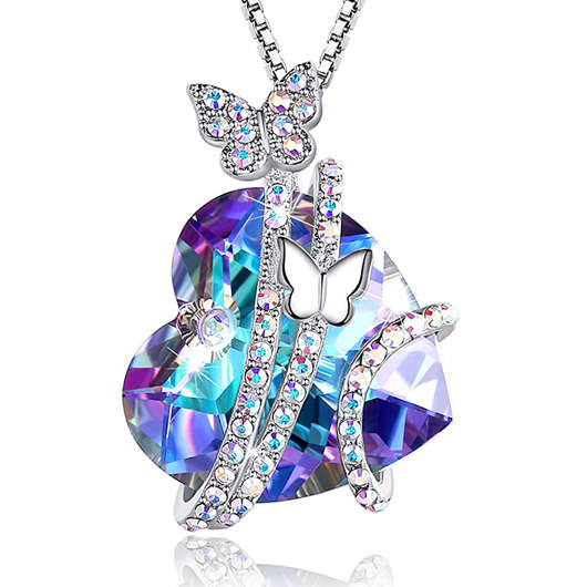 Rhinestone Purple Heart Butterfly Design Mother's Day Necklace