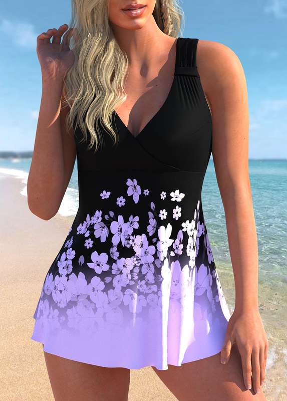 Light Purple Ombre Floral Print Swimdress Set