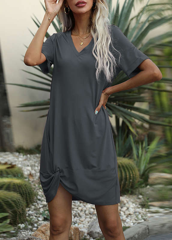 V Neck Brown Twist Front Dress