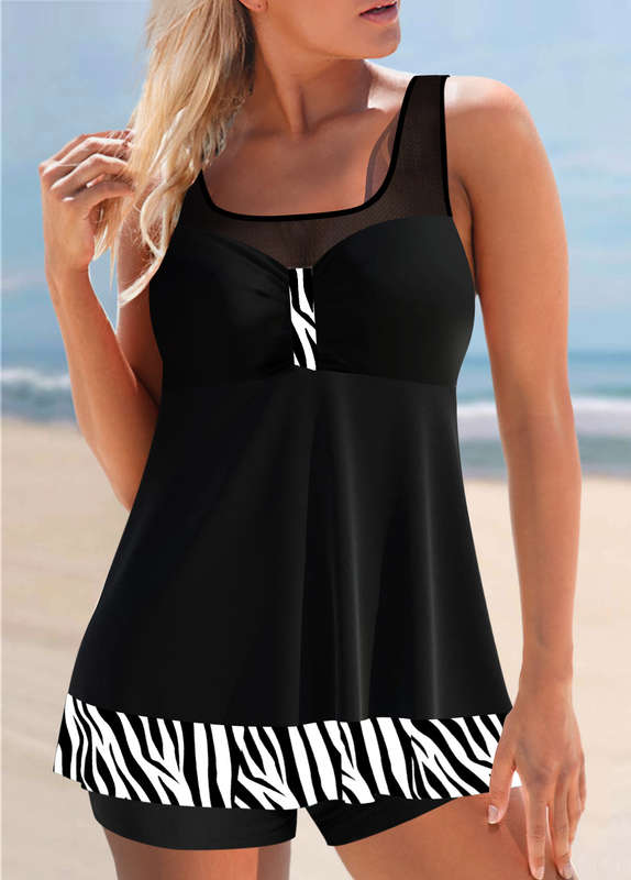 Zebra Print Black Mesh Stitching Tankini Set