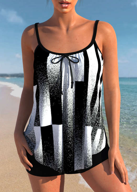 Bowknot Black Contrast Geometric Print Tankini Set