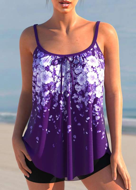 Purple Spaghetti Strap Floral Print Tankini Set