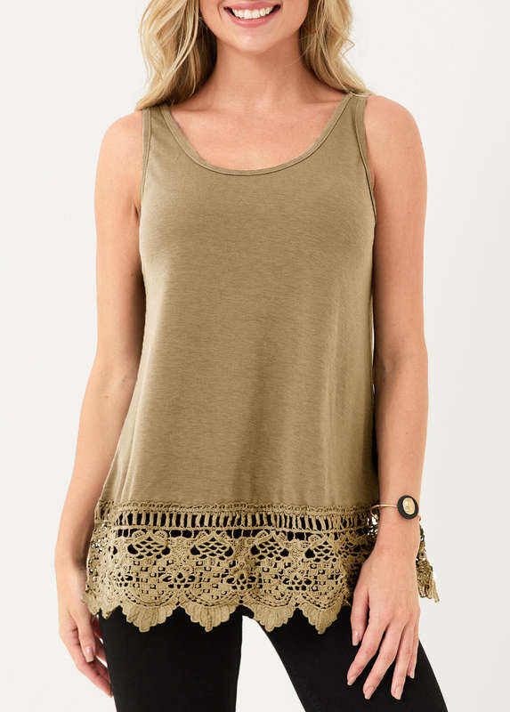 Lace Stitching Light Khaki Tank Top