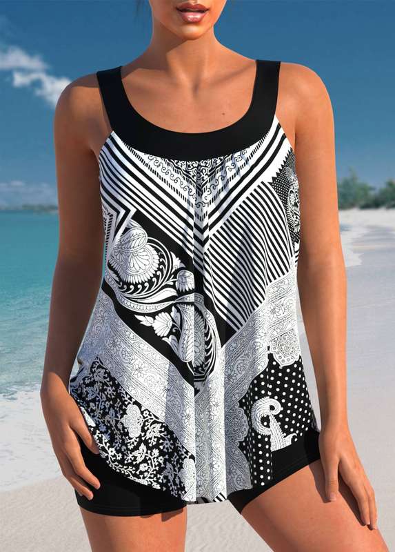 Tribal Print Black Striped Tankini Set