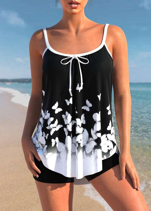 Bowknot Butterfly Print Black Tankini Set