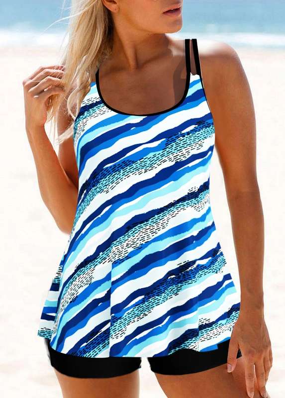 Double Straps Striped Blue Tankini Set