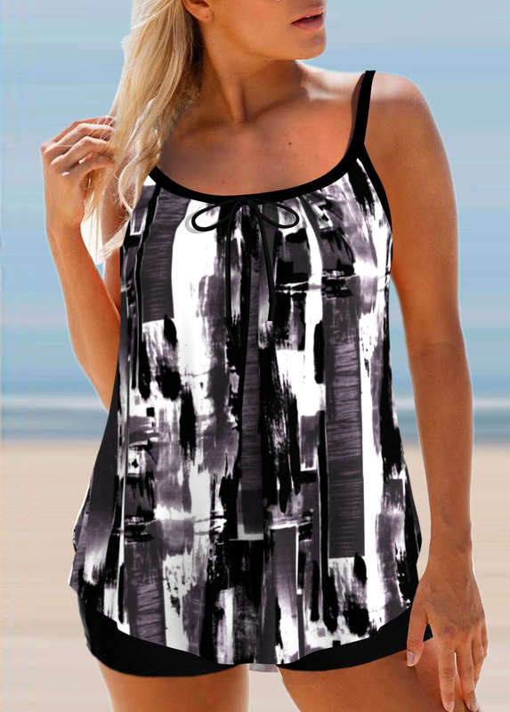 Black Printed Spaghetti Strap Tankini Set