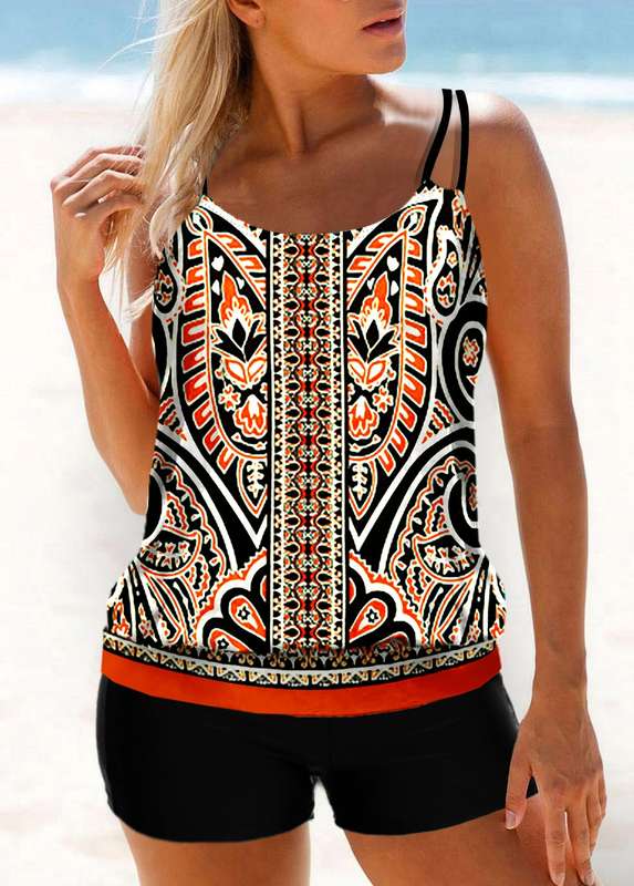 Multi Color Double Straps Tribal Print Tankini Set