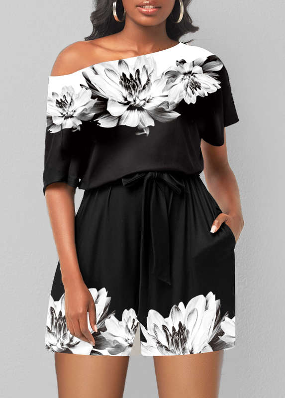 Black Double Side Pockets Floral Print Romper