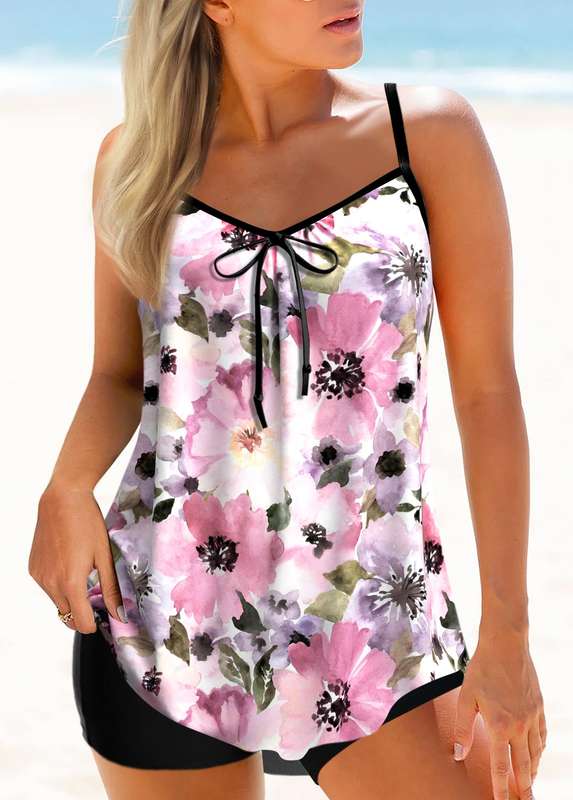 Floral Print Pink Bowknot Tankini Set