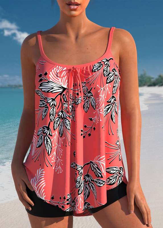 Leaf Print Coral Red Bowknot Tankini Set