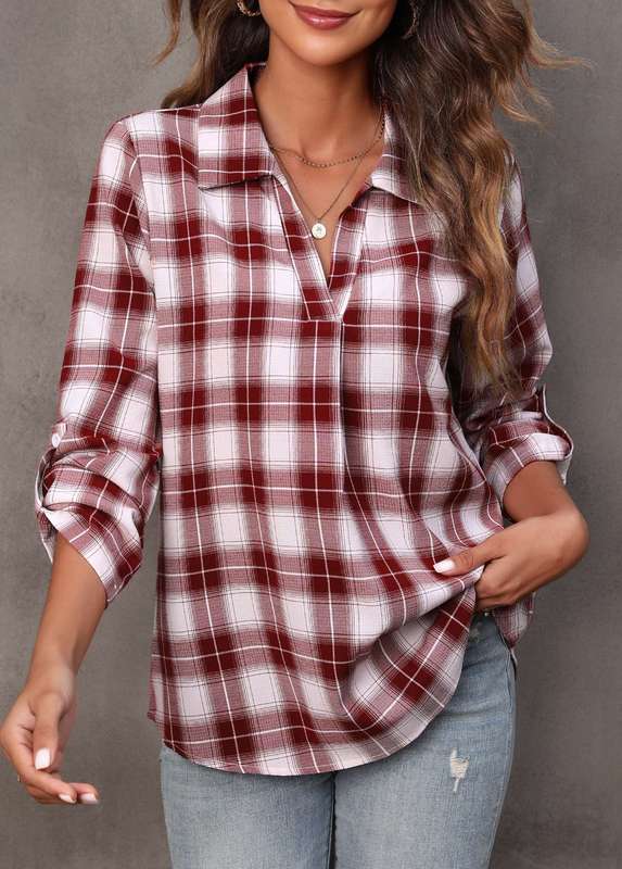 Wine Red Turndown Collar Plaid Blouse