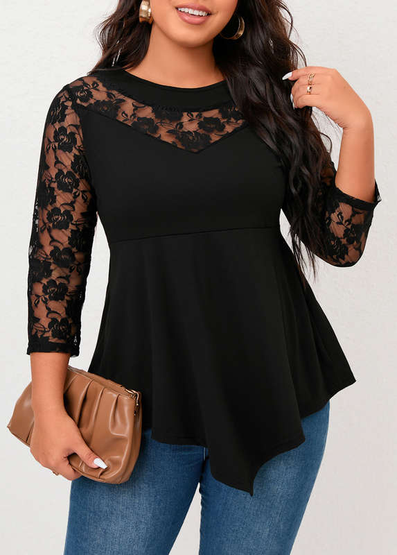 Plus Size Lace Stitching Black Asymmetric Hem T Shirt