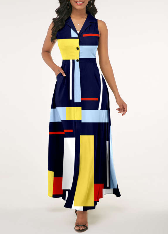 Navy Blue Geometric Print Notch Collar Dress