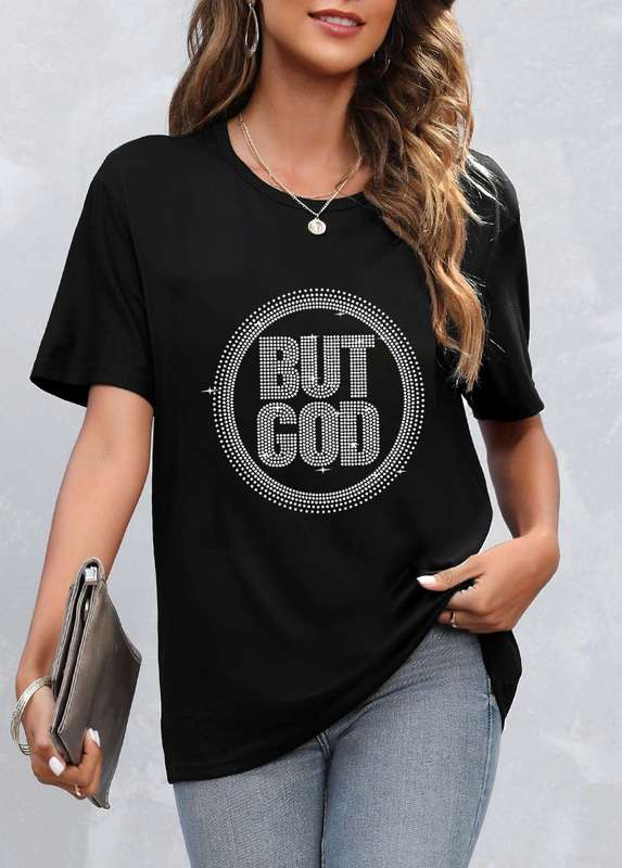 Black Hot Stamping Letter Round Neck T Shirt