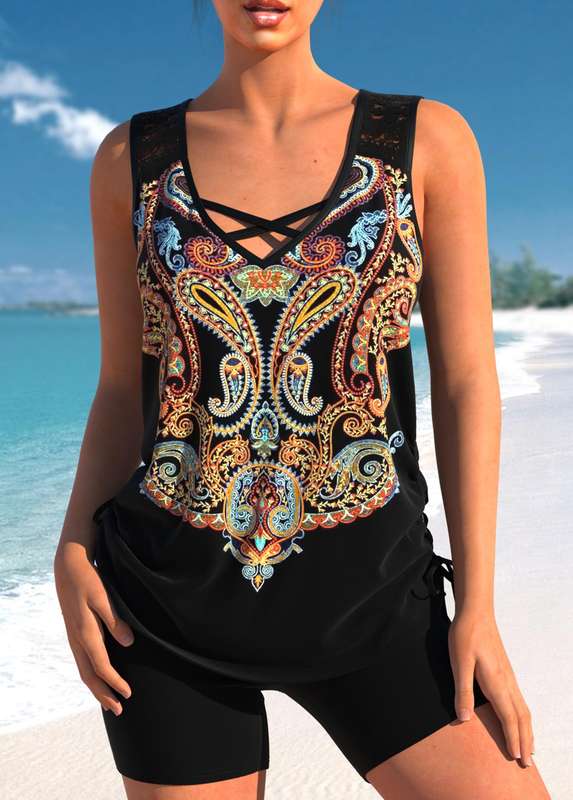 Paisley Print Lace Stitching Black Tankini Set