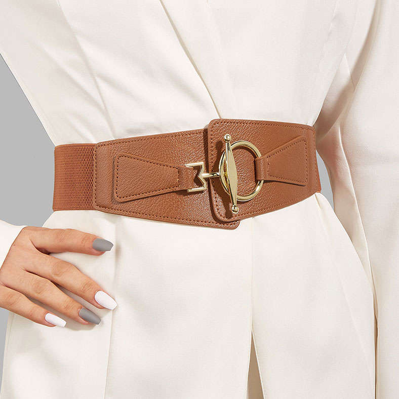 Faux Leather Dark Coffee Elastic Detail Belt