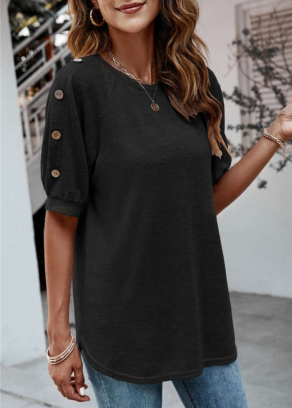 Decorative Button Black Half Sleeve T Shirt