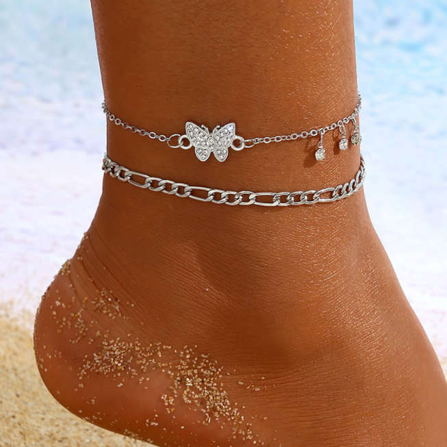 Silvery White Rhinestone Butterfly Anklet Set