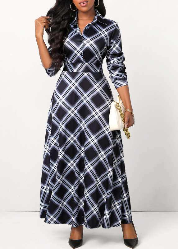 Button Plaid Black Shirt Collar Maxi Dress