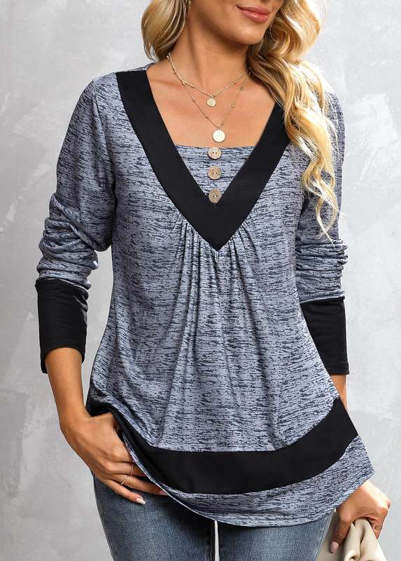 Button Dark Grey Marl Square Neck T Shirt
