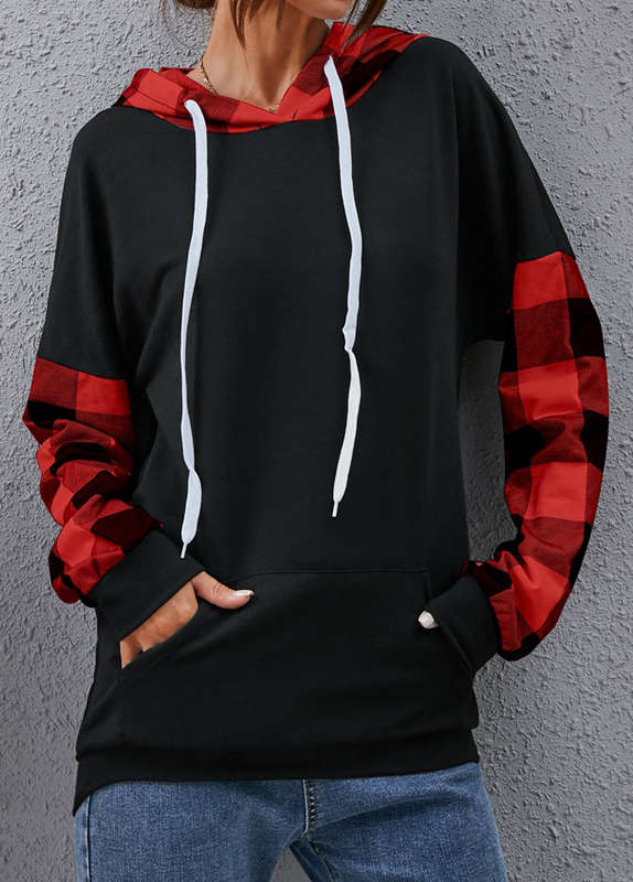 Pocket Plaid Black Long Sleeve Hoodie