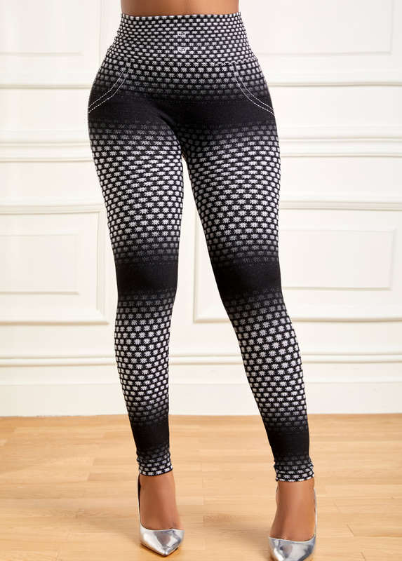 Geometric Print Black High Waisted Elastic Waist Leggings
