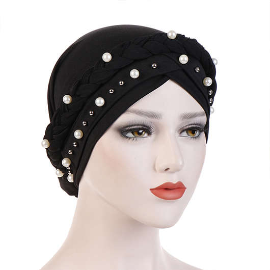 Black Beaded Pearl Cotton Turban Hat