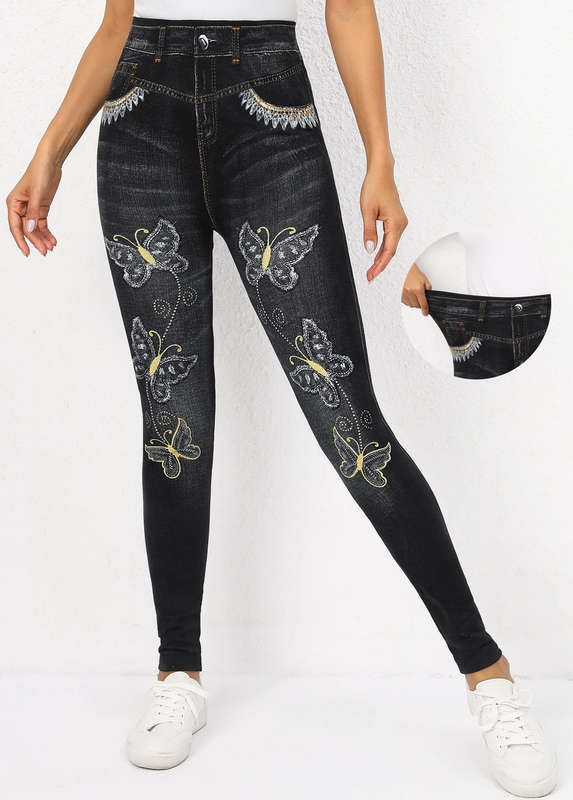 Butterfly Print Black High Waisted Elastic Waist Leggings