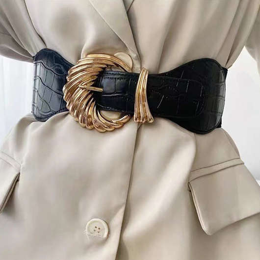 Metal Detail Leather Black Wide Belt