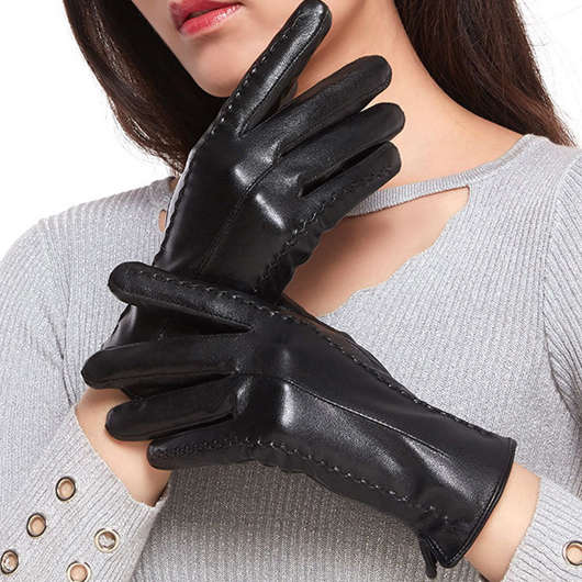 Black Leather Warming Wrist Full Finger Gloves