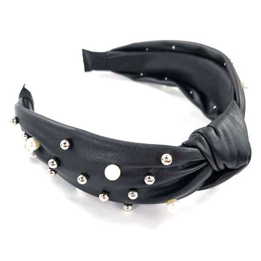 Pearl Detail Black Faux Leather Headband