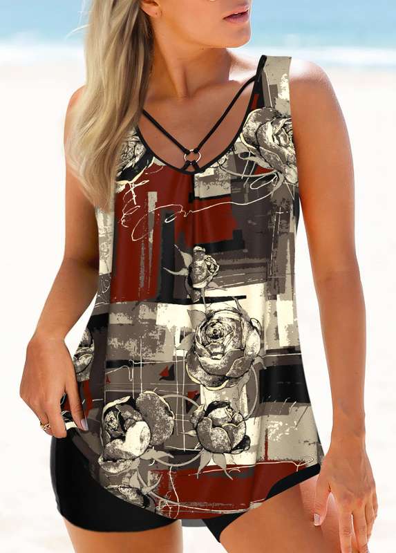Metal Ring Multi Color Floral Print Tankini Set