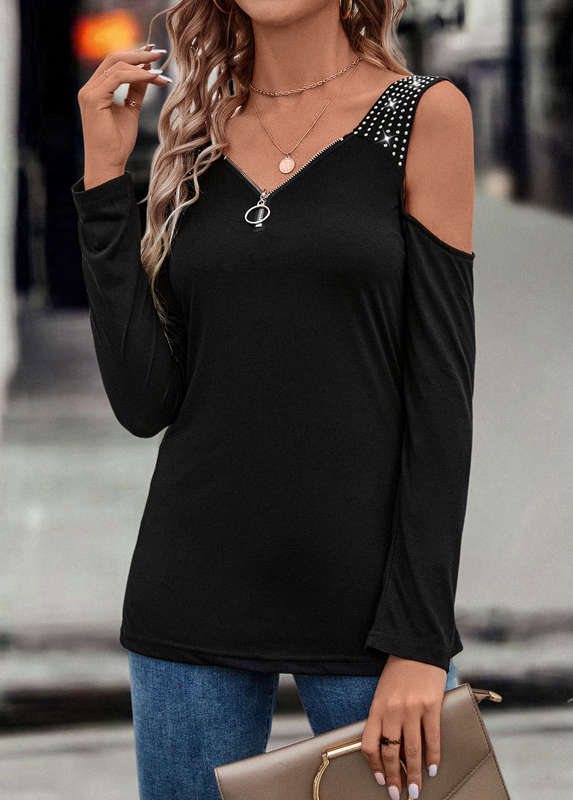Zipper Black V Neck Long Sleeve T Shirt