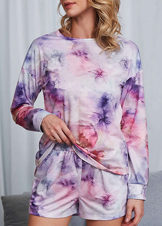 Tie Dye Print Multi Color Long Sleeve Loungewear Set
