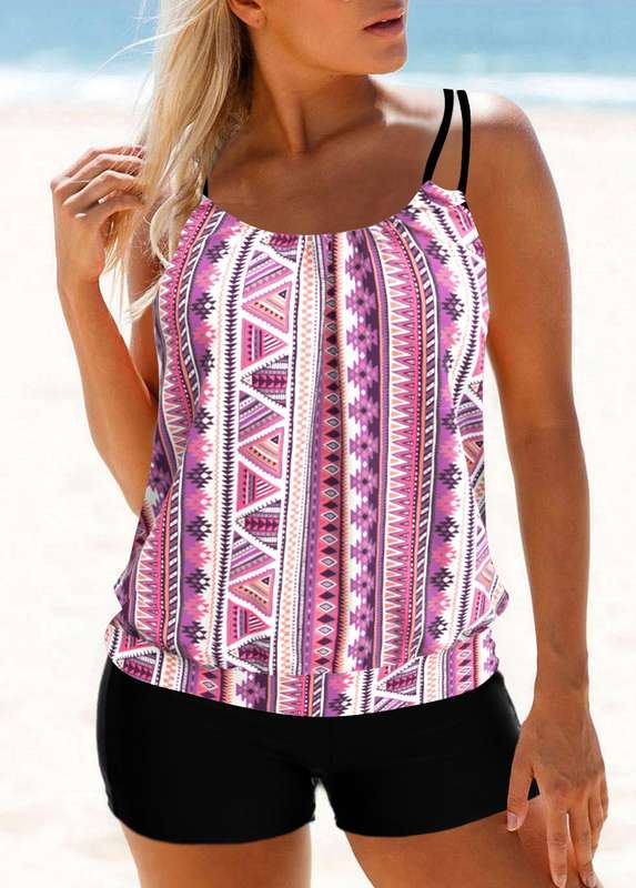 Light Pink Geometric Print Tankini Set