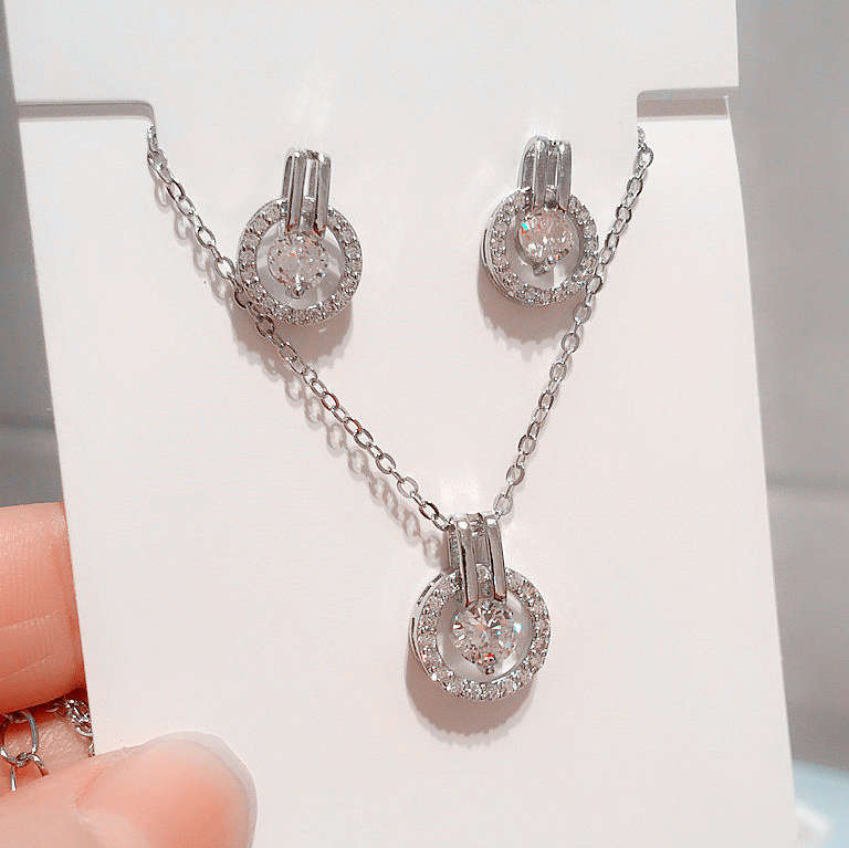 Silver Zircon Round Earrings and Necklace