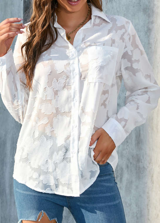 Jacquard White Shirt Collar Long Sleeve Blouse