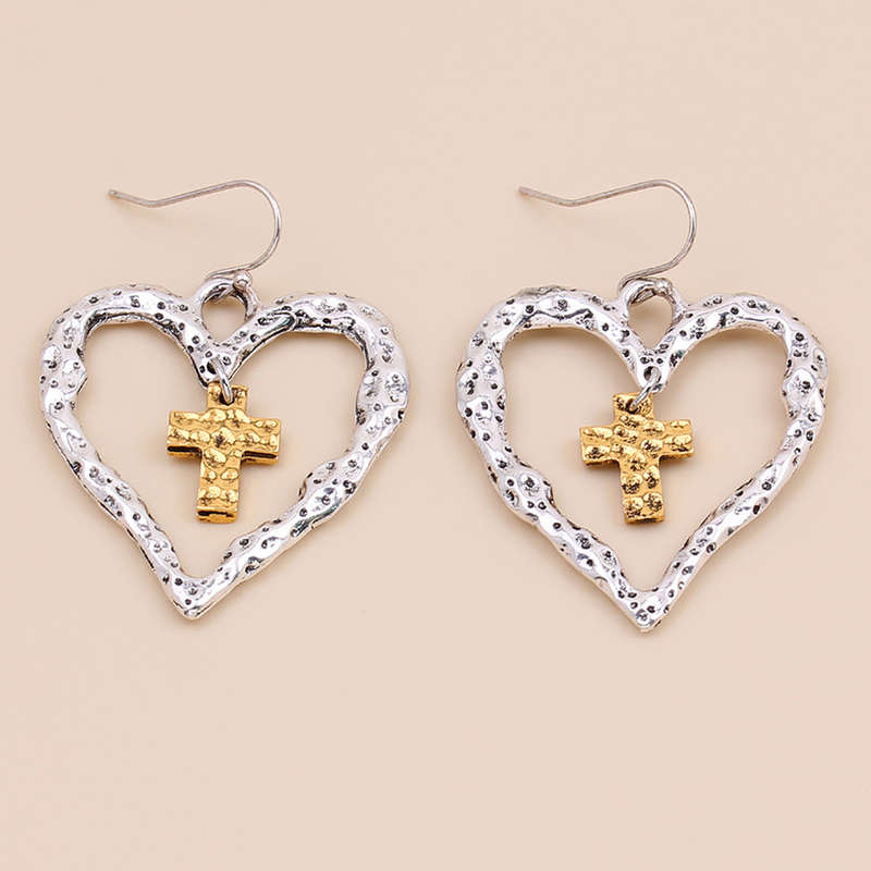 Heart Valentine's Cross Design Silver Earrings